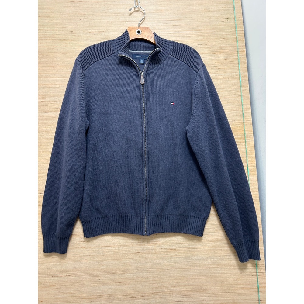 Tommy Hilfiger Men's Full Zip Sweater Dark Blue Ribbed Mock Neck Size M